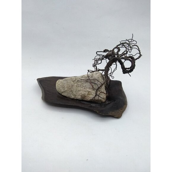 Handmade brutalist abstract modernist Metal Bonsai tree on rock & wood Artwork - Picture 3 of 11